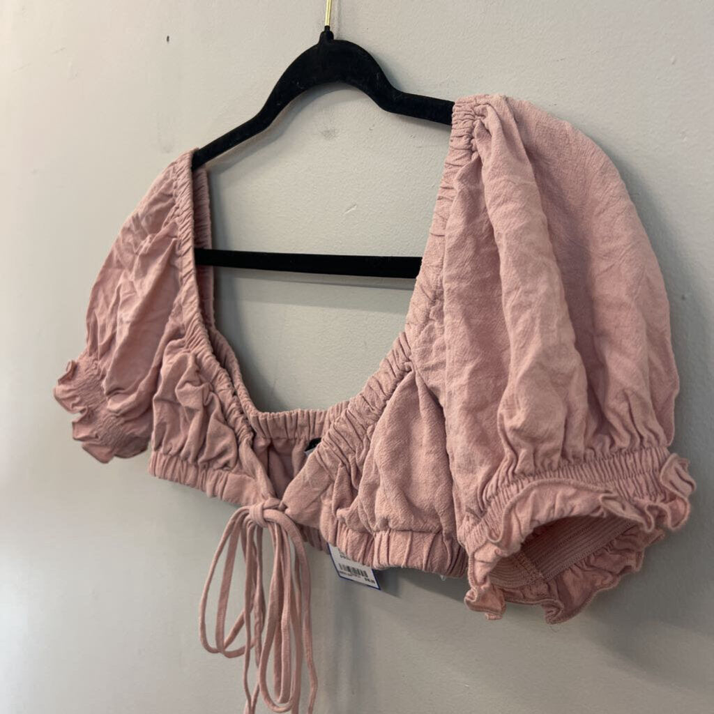 HYFVE Pink Short Puff Sleeve Tie Front Crop Top Small