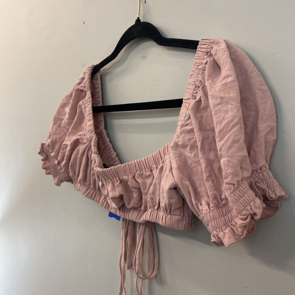 HYFVE Pink Short Puff Sleeve Tie Front Crop Top Small