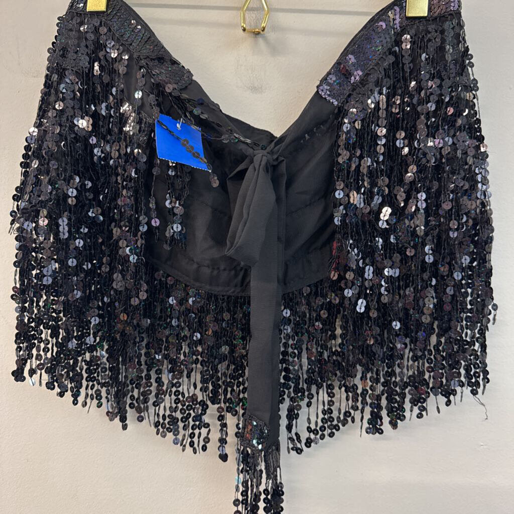 Black Sequin Fringe Strapless Tie Back Top Medium