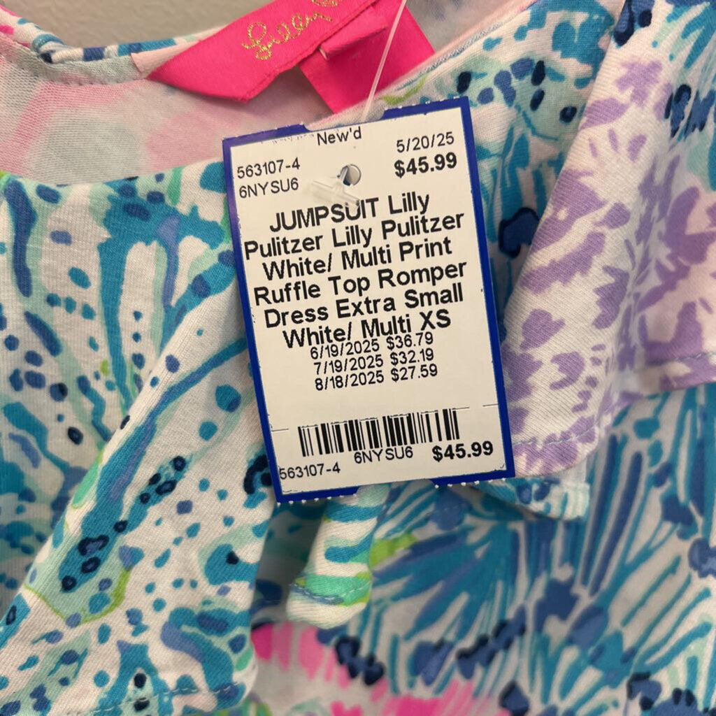 Lilly Pulitzer White/ Multi Print Ruffle Top Romper Dress Extra Small