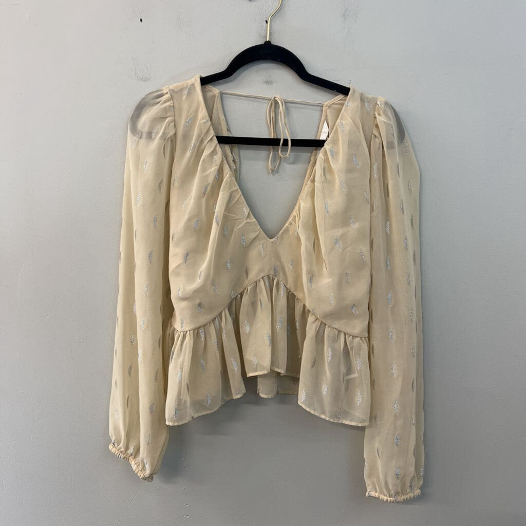 Beige/ Silver Leaf Print Long Puff Sleeve Crop Top Large