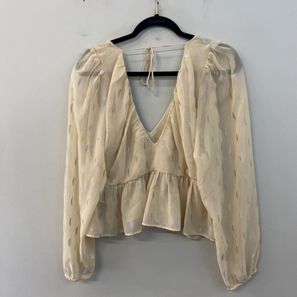 Beige/ Silver Leaf Print Long Puff Sleeve Crop Top Large