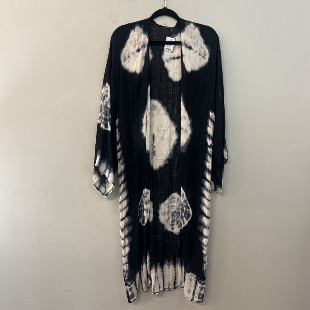 Free People Black/ White Tie Dye Print Long Sleeve Open Front Duster Medium