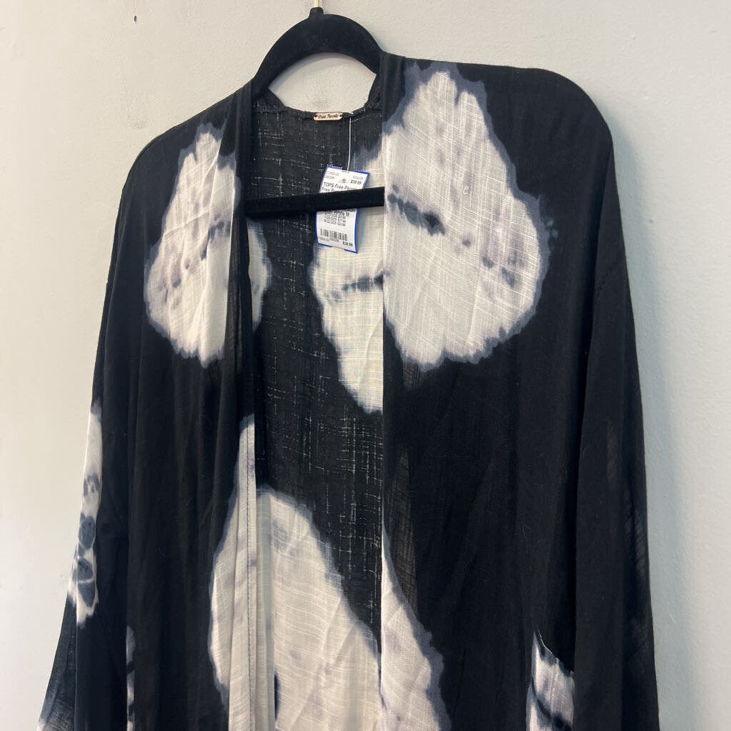 Free People Black/ White Tie Dye Print Long Sleeve Open Front Duster Medium