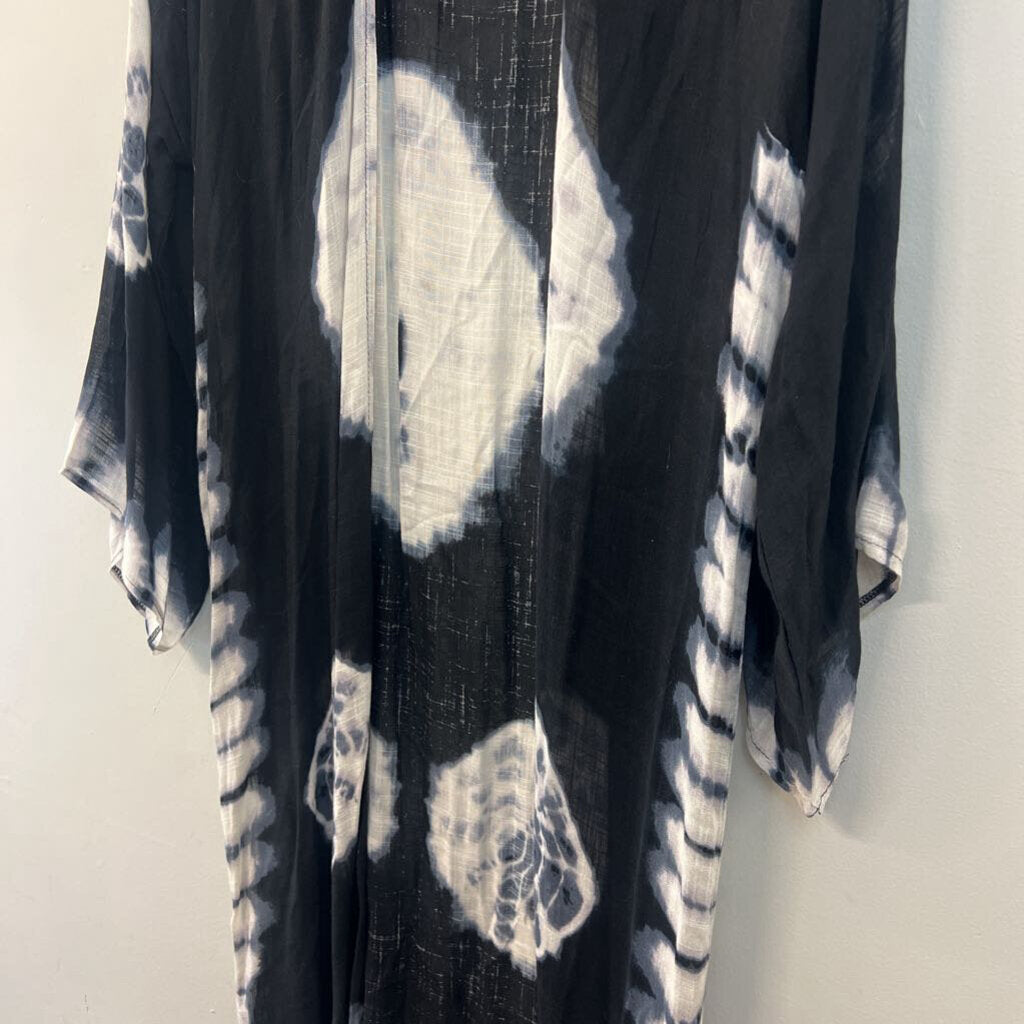 Free People Black/ White Tie Dye Print Long Sleeve Open Front Duster Medium