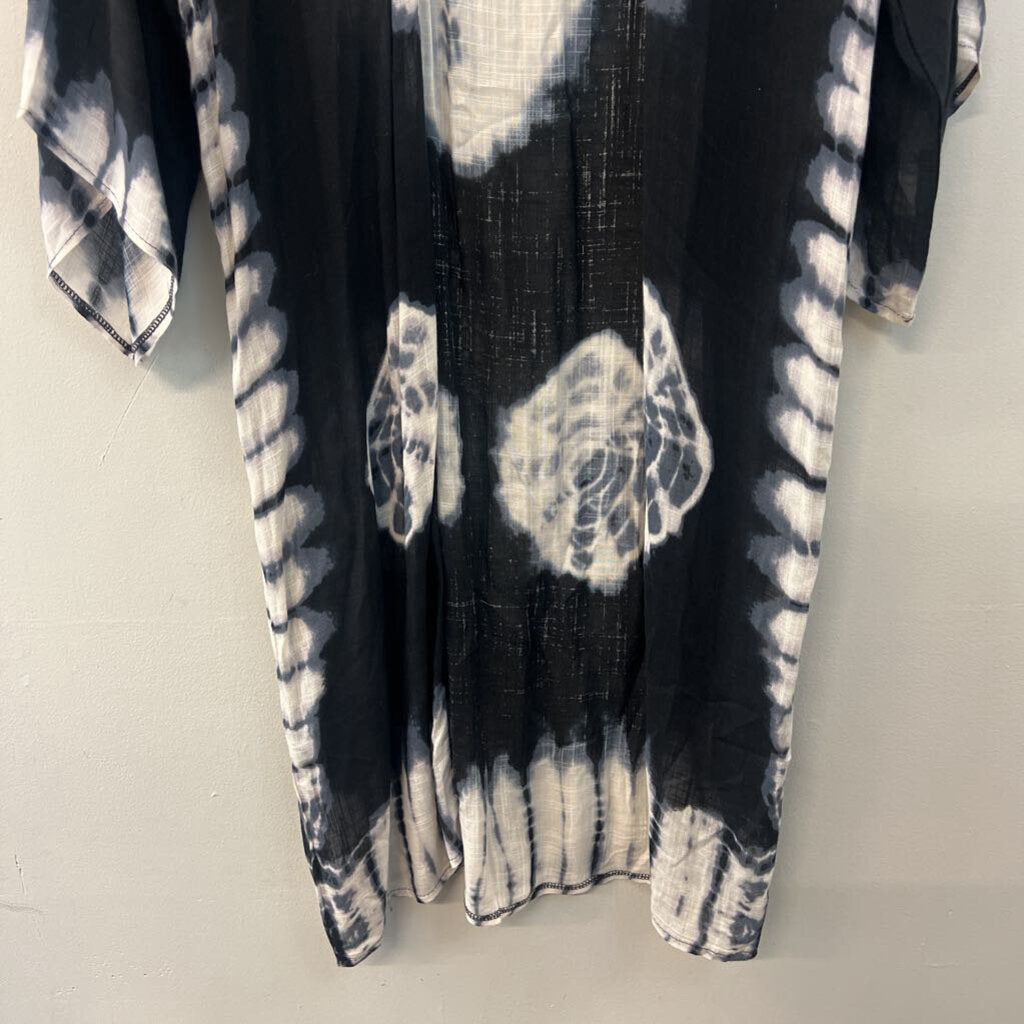 Free People Black/ White Tie Dye Print Long Sleeve Open Front Duster Medium