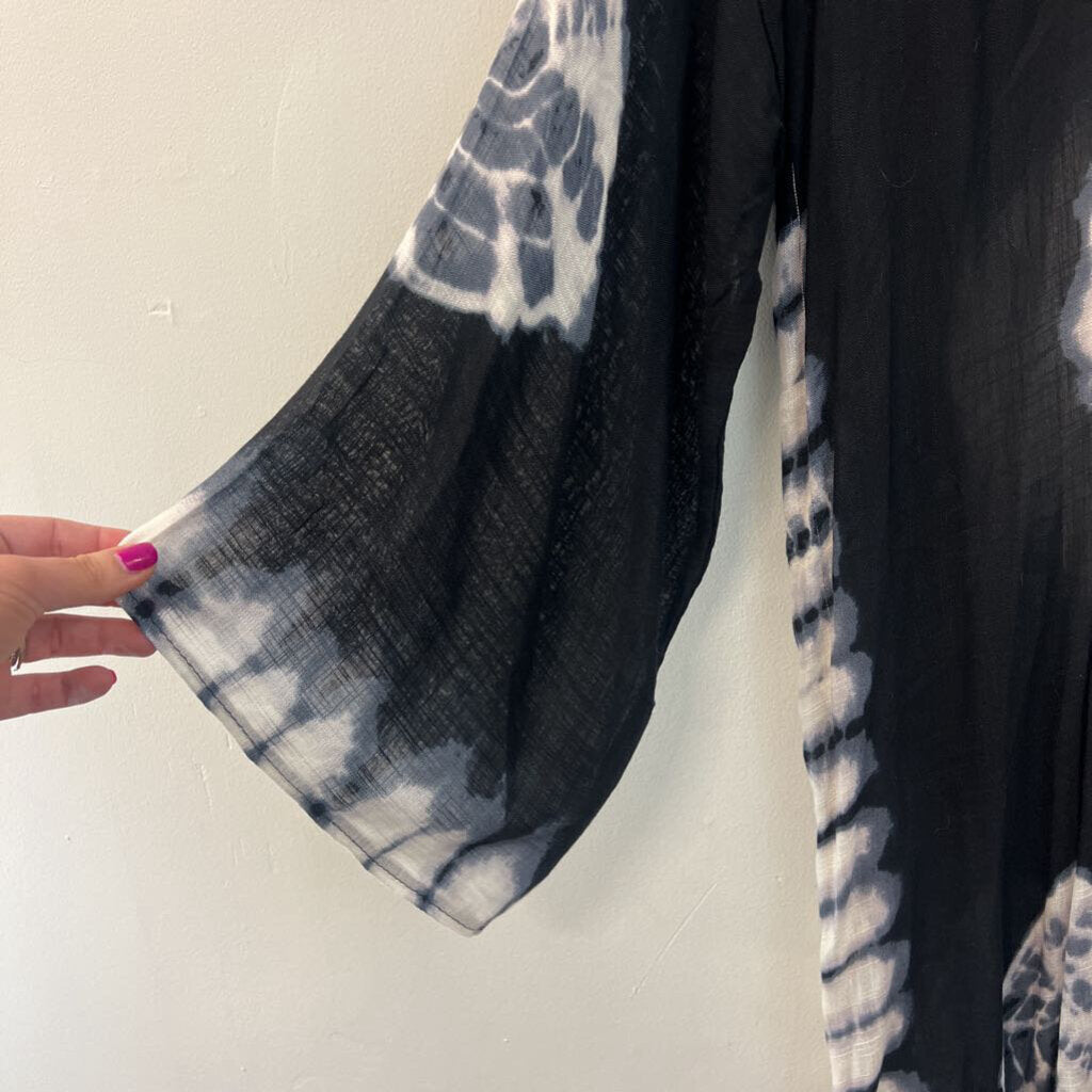 Free People Black/ White Tie Dye Print Long Sleeve Open Front Duster Medium