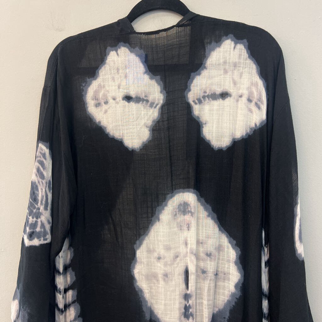 Free People Black/ White Tie Dye Print Long Sleeve Open Front Duster Medium