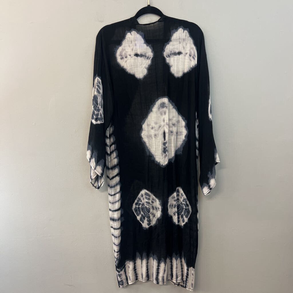 Free People Black/ White Tie Dye Print Long Sleeve Open Front Duster Medium