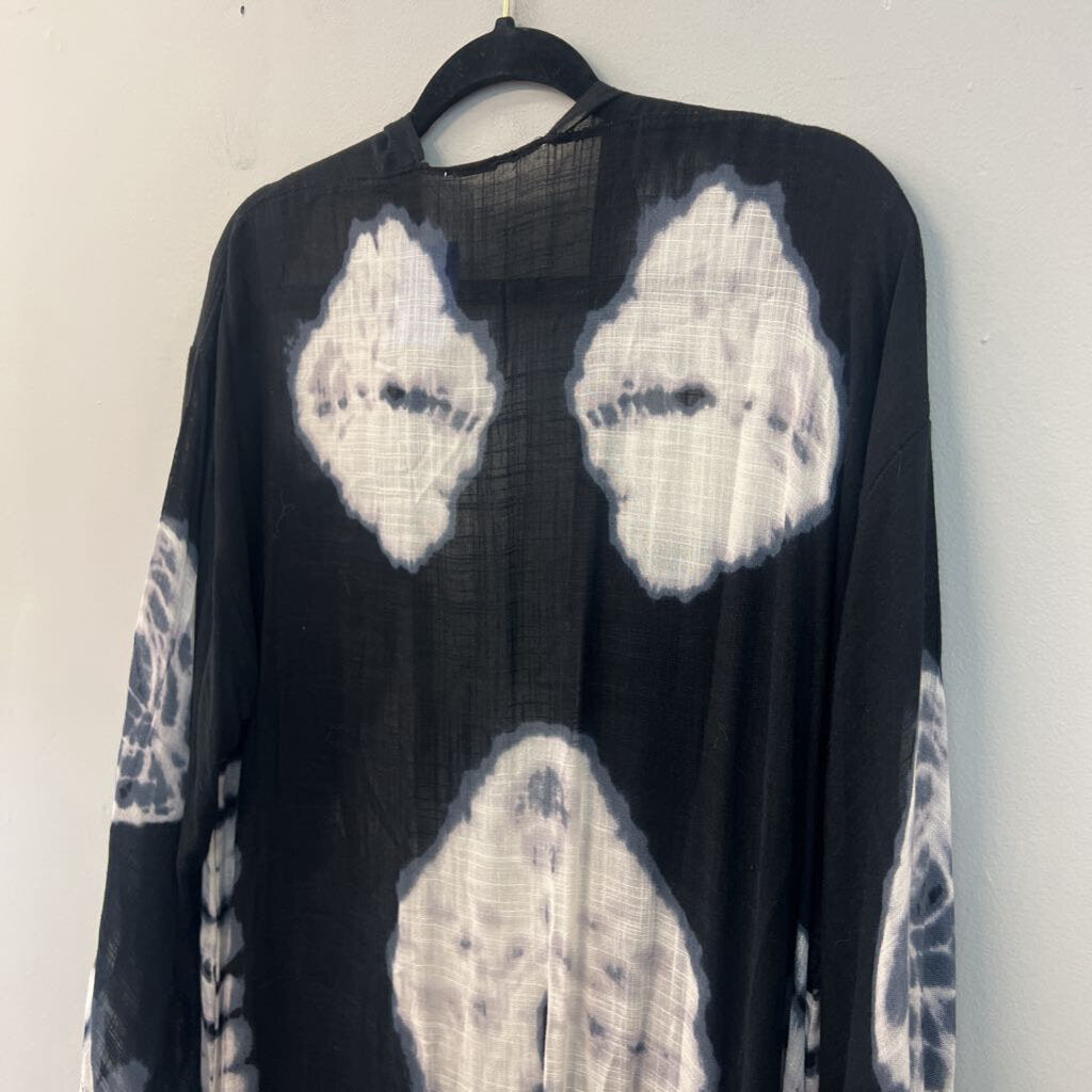 Free People Black/ White Tie Dye Print Long Sleeve Open Front Duster Medium