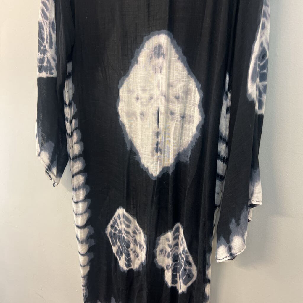 Free People Black/ White Tie Dye Print Long Sleeve Open Front Duster Medium