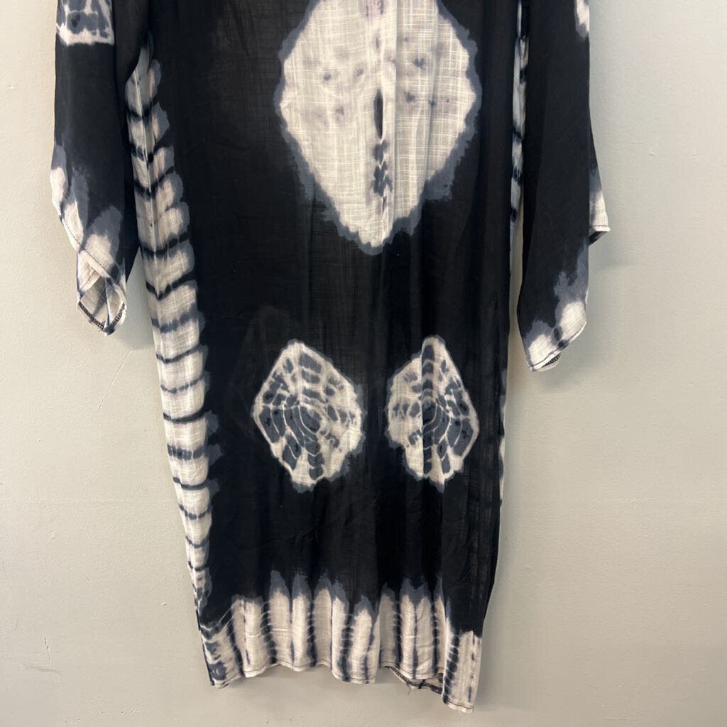 Free People Black/ White Tie Dye Print Long Sleeve Open Front Duster Medium