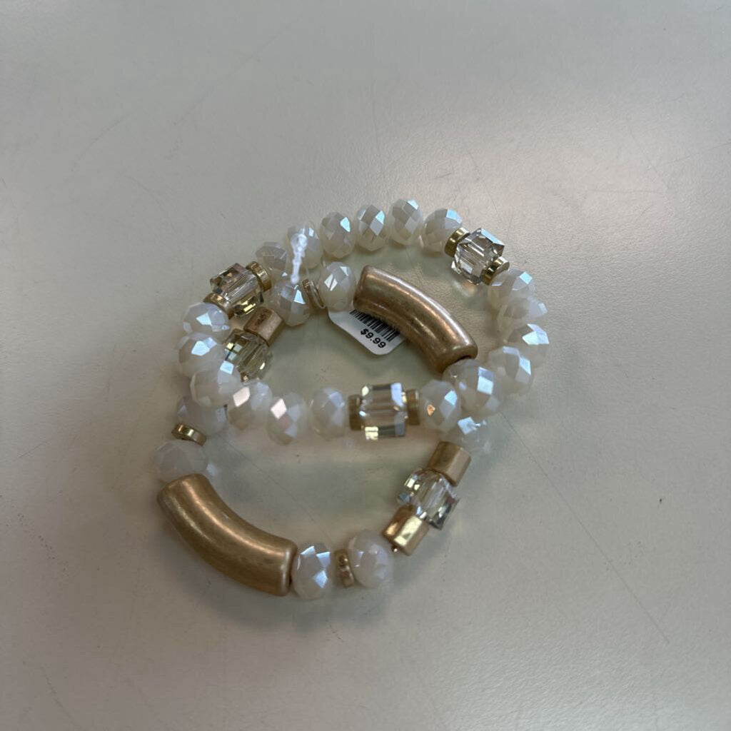 Set of 2 Cream/ Gold Beaded Stretchy Bracelets
