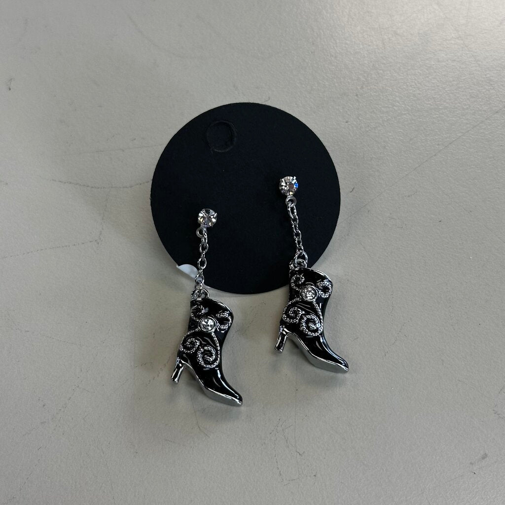 Silver/ Black Cowgirl Boot Drop Earrings
