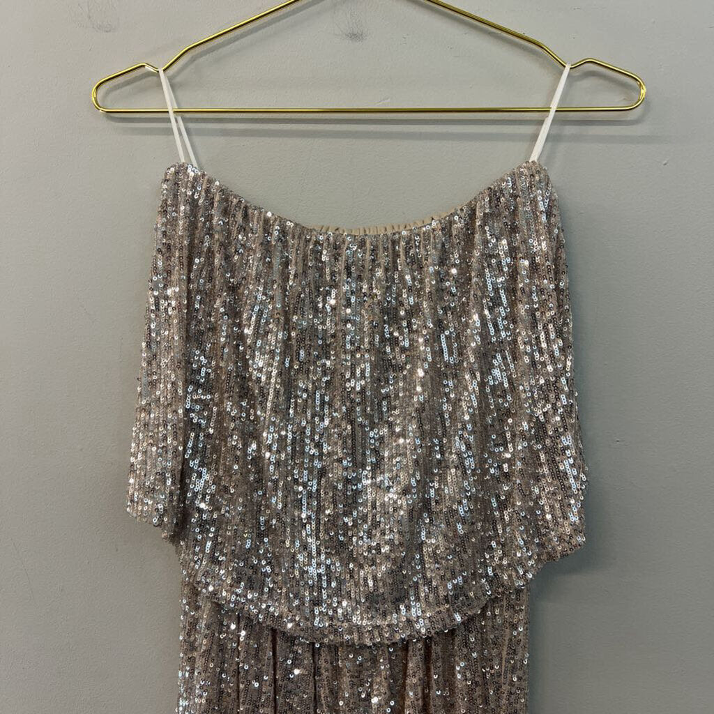 Altar'd State Beige/ Silver Sequin Strapless Jumpsuit Small