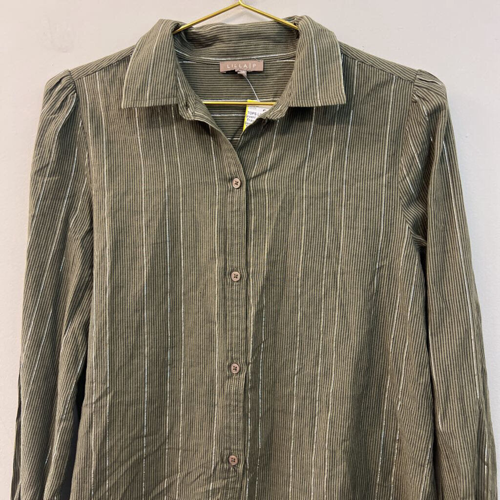 Lilla P Green/ Silver Striped Frayed Hem Long Sleeve Button Down Top Small
