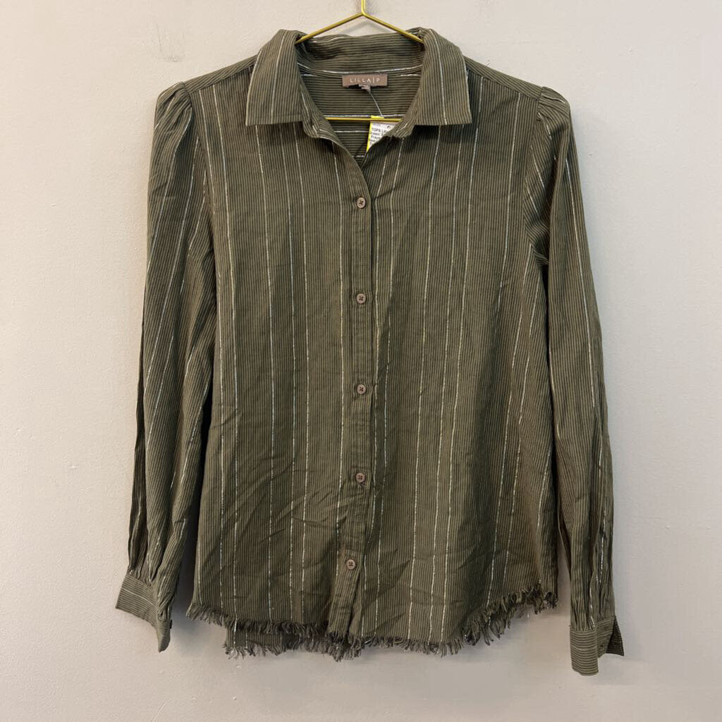 Lilla P Green/ Silver Striped Frayed Hem Long Sleeve Button Down Top Small