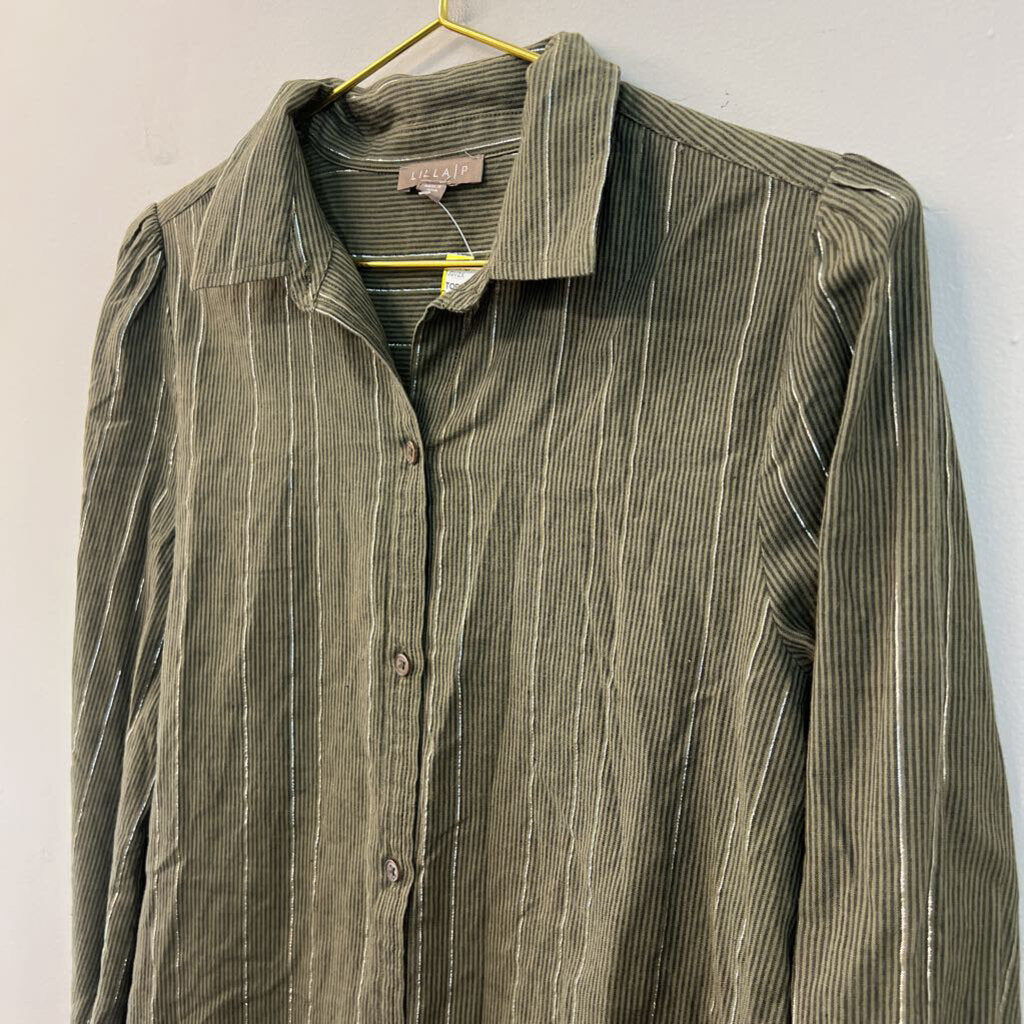 Lilla P Green/ Silver Striped Frayed Hem Long Sleeve Button Down Top Small