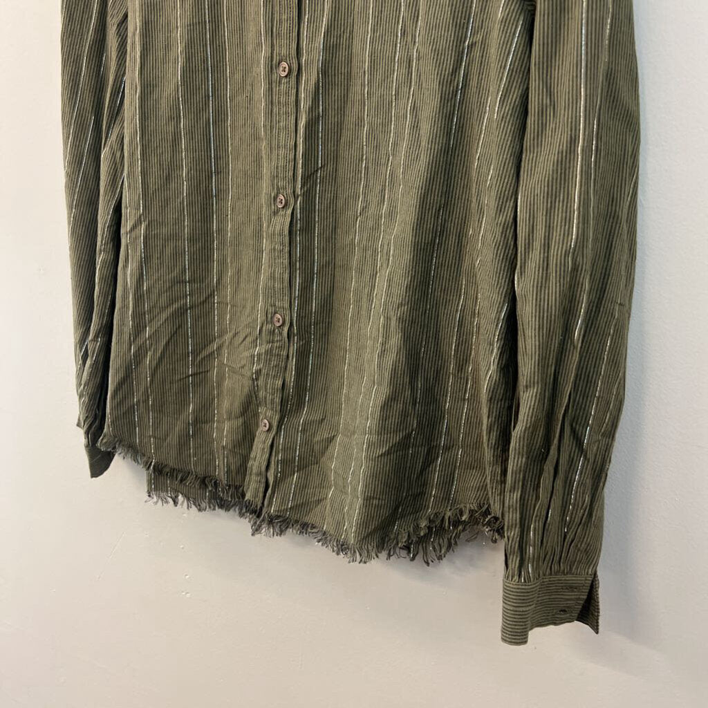 Lilla P Green/ Silver Striped Frayed Hem Long Sleeve Button Down Top Small