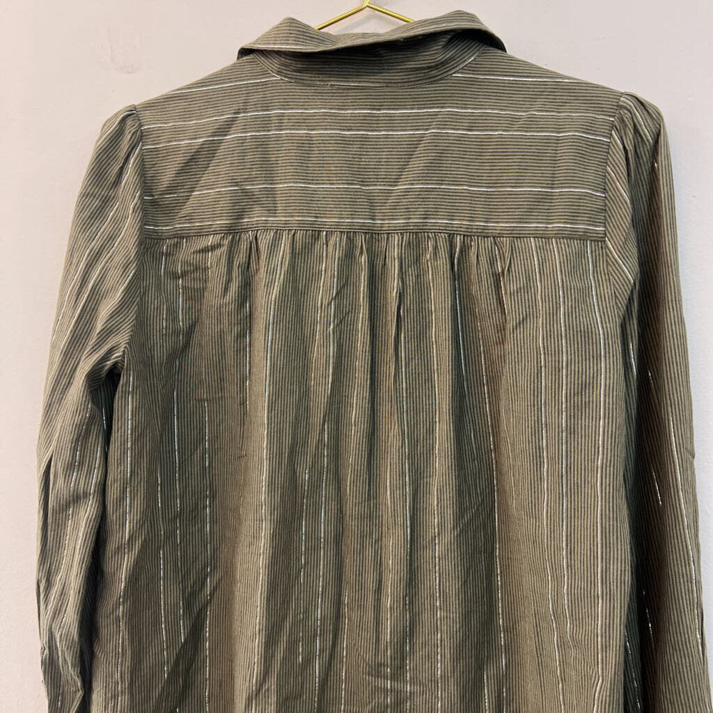 Lilla P Green/ Silver Striped Frayed Hem Long Sleeve Button Down Top Small