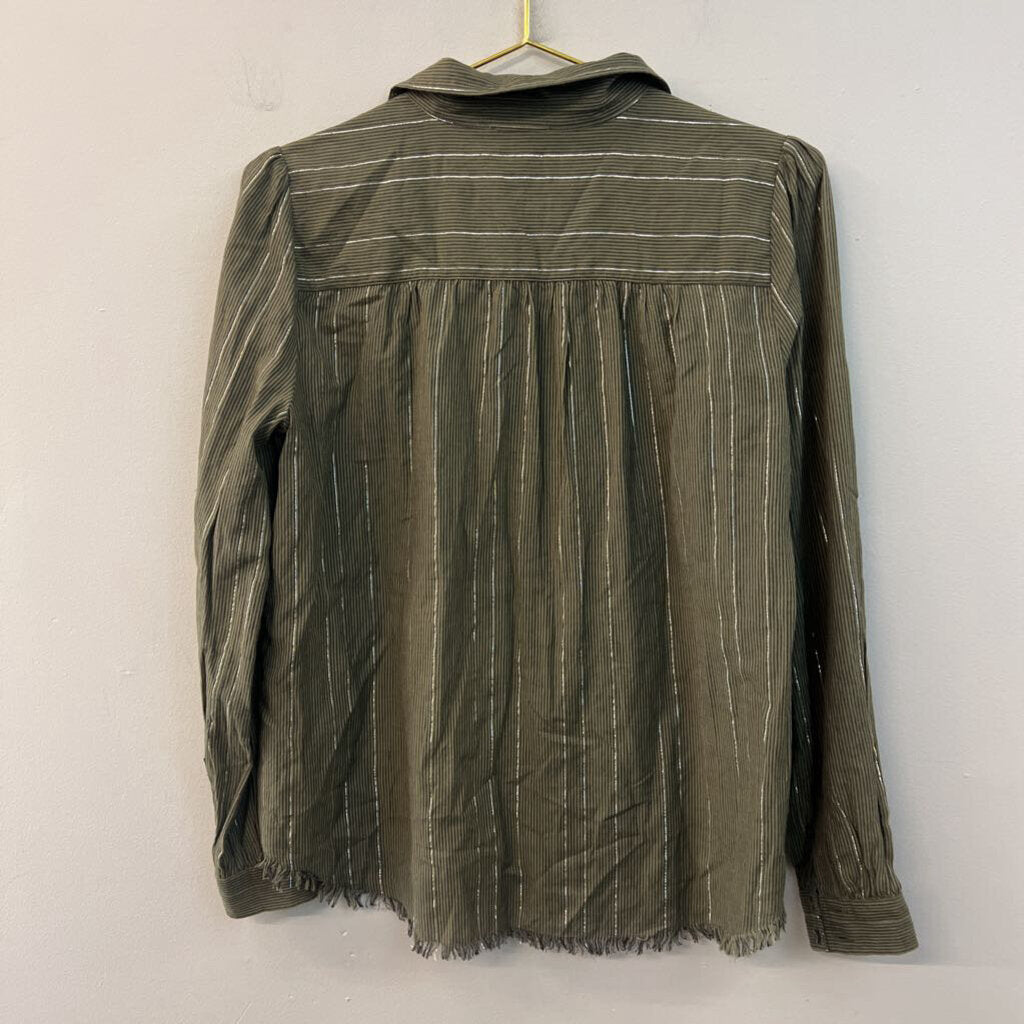 Lilla P Green/ Silver Striped Frayed Hem Long Sleeve Button Down Top Small