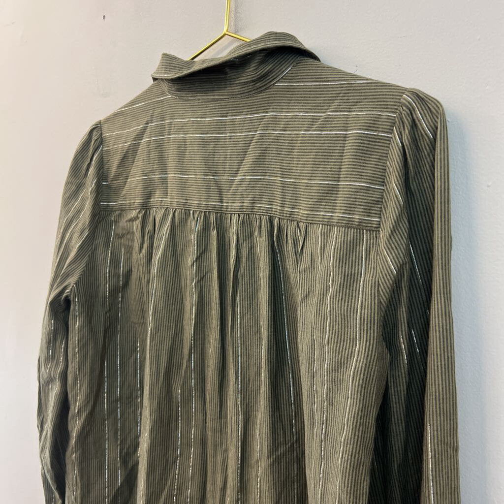 Lilla P Green/ Silver Striped Frayed Hem Long Sleeve Button Down Top Small