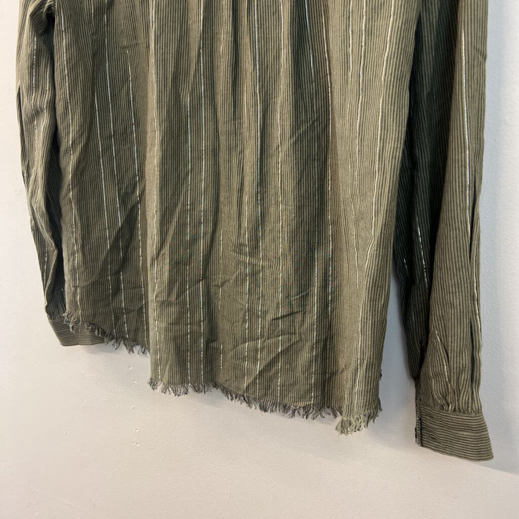 Lilla P Green/ Silver Striped Frayed Hem Long Sleeve Button Down Top Small