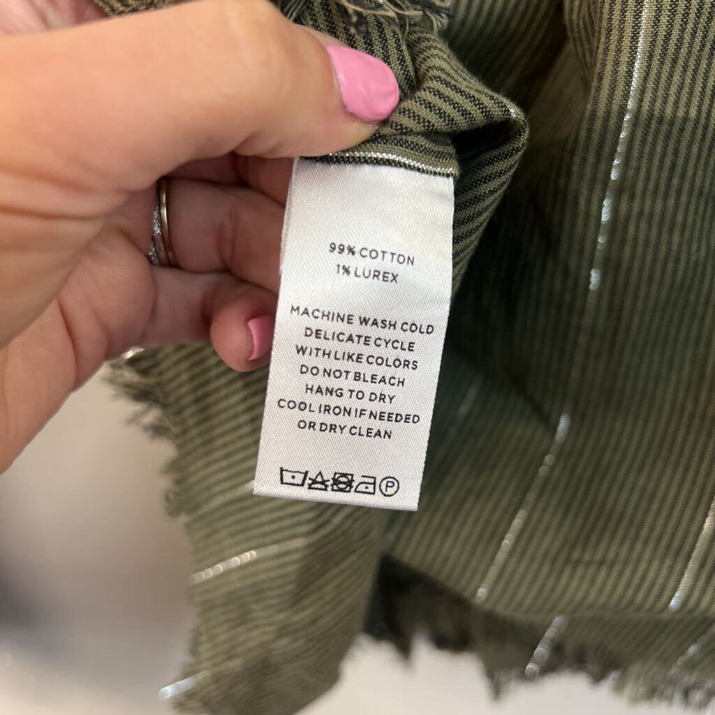 Lilla P Green/ Silver Striped Frayed Hem Long Sleeve Button Down Top Small