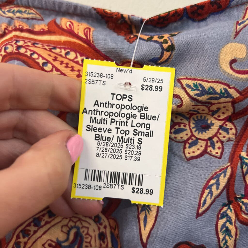 Anthropologie Blue/ Multi Print Long Sleeve Top Small