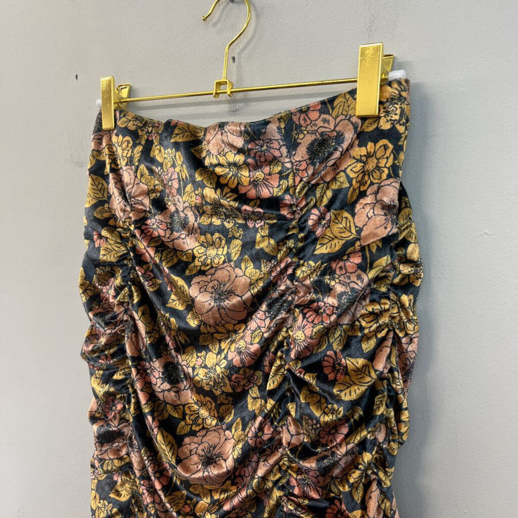 Free People Black/ Yellow Velvet Flower Print Ruched Mini Skirt Small