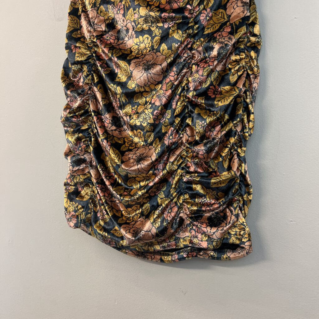 Free People Black/ Yellow Velvet Flower Print Ruched Mini Skirt Small