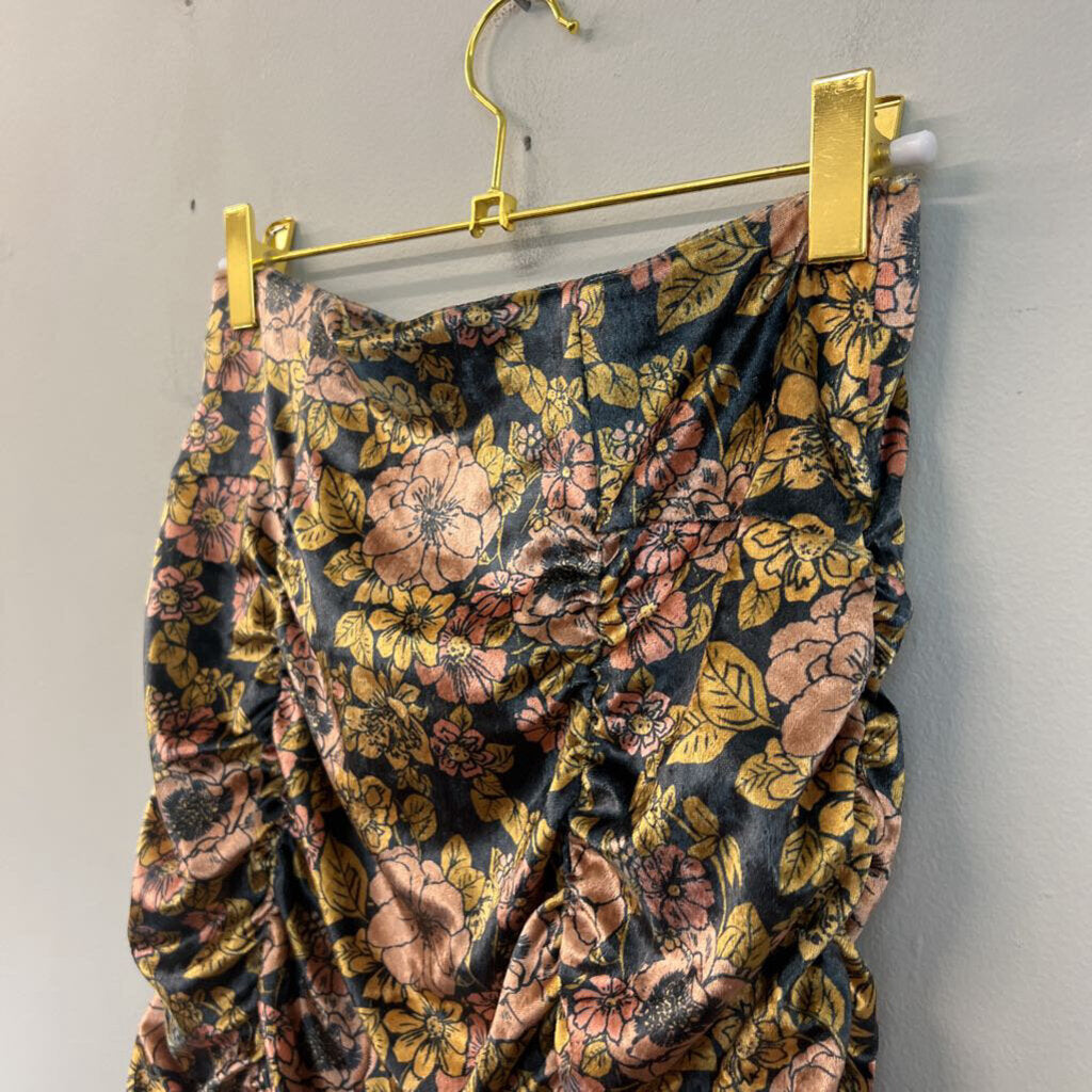 Free People Black/ Yellow Velvet Flower Print Ruched Mini Skirt Small