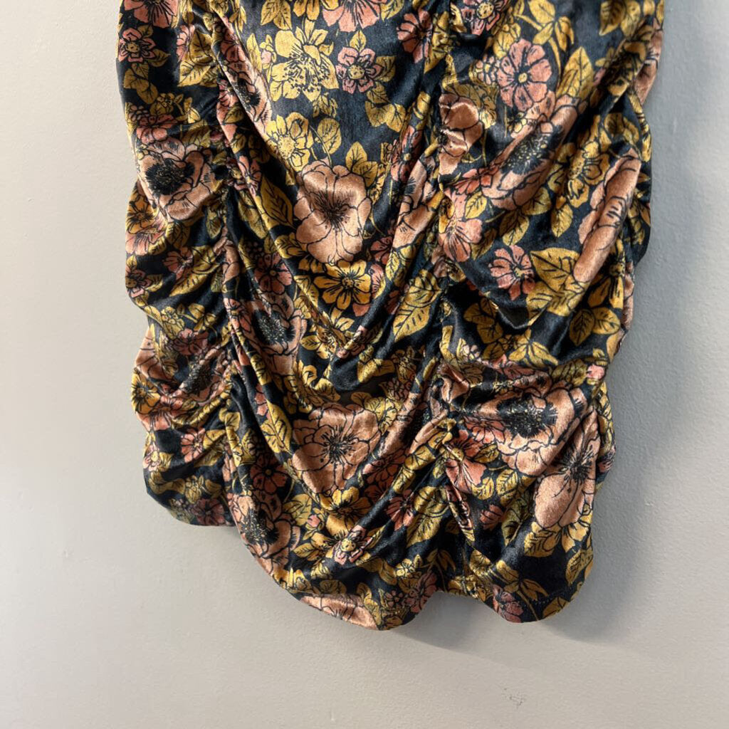 Free People Black/ Yellow Velvet Flower Print Ruched Mini Skirt Small