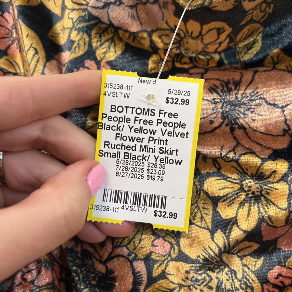 Free People Black/ Yellow Velvet Flower Print Ruched Mini Skirt Small