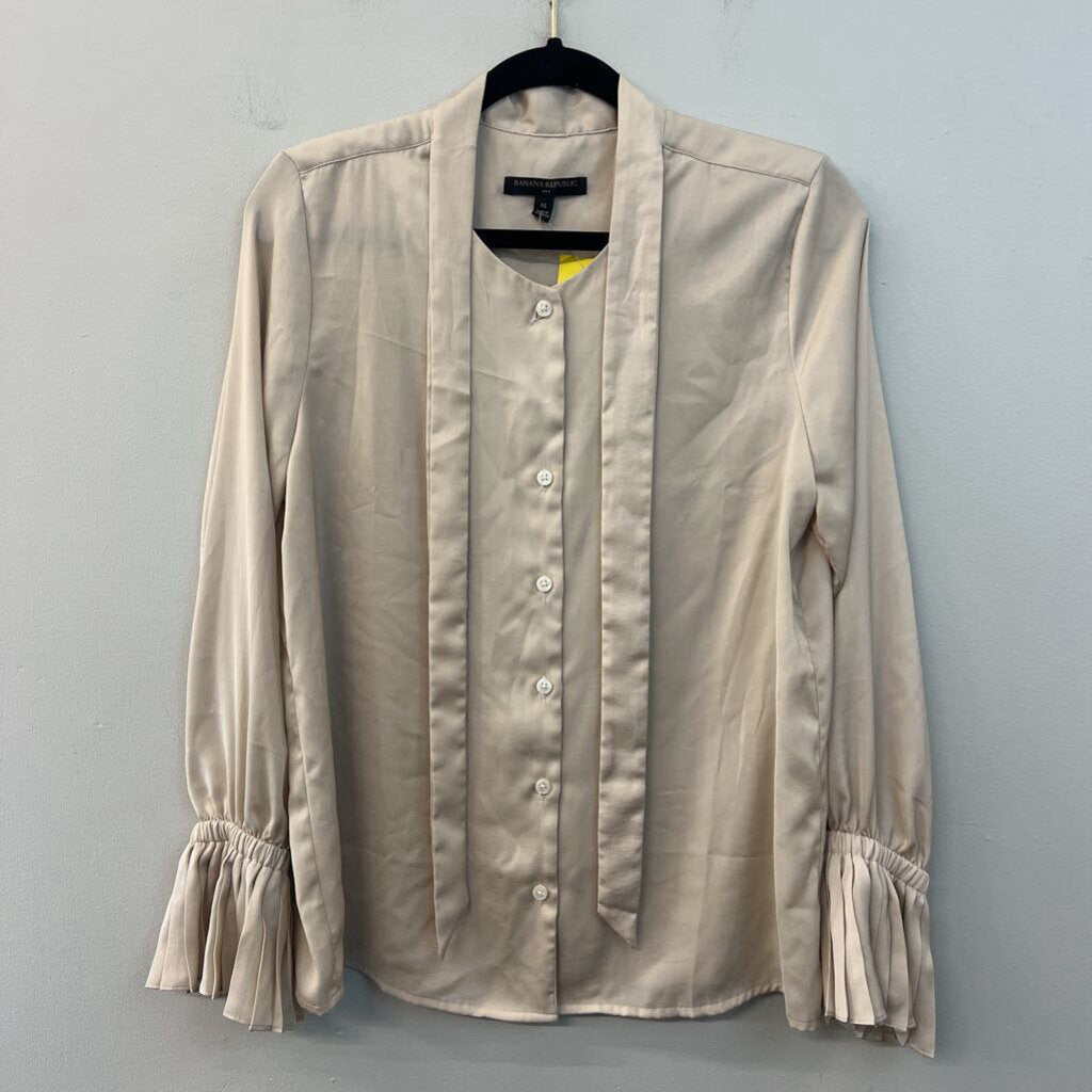 Banana Republic Beige Silky Long Sleeve Tie Neck Button Down Top Medium