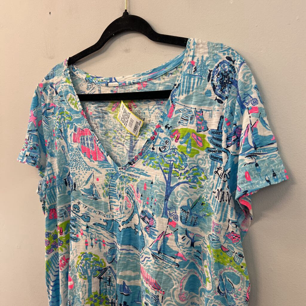 Lilly Pulitzer Blue/ MultiPrint Short Sleeve Top Extra Large