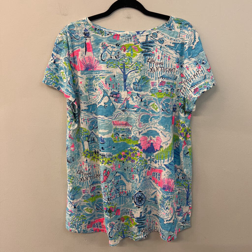 Lilly Pulitzer Blue/ MultiPrint Short Sleeve Top Extra Large