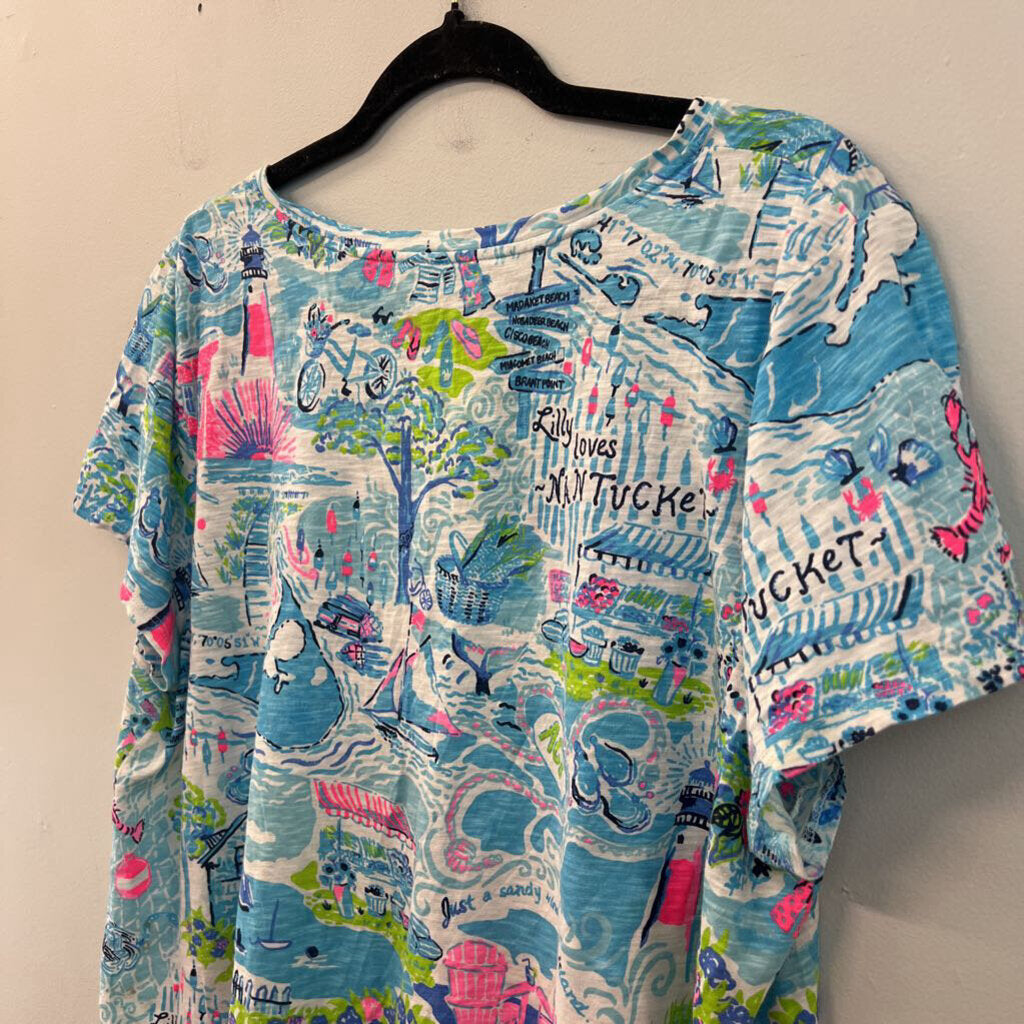 Lilly Pulitzer Blue/ MultiPrint Short Sleeve Top Extra Large