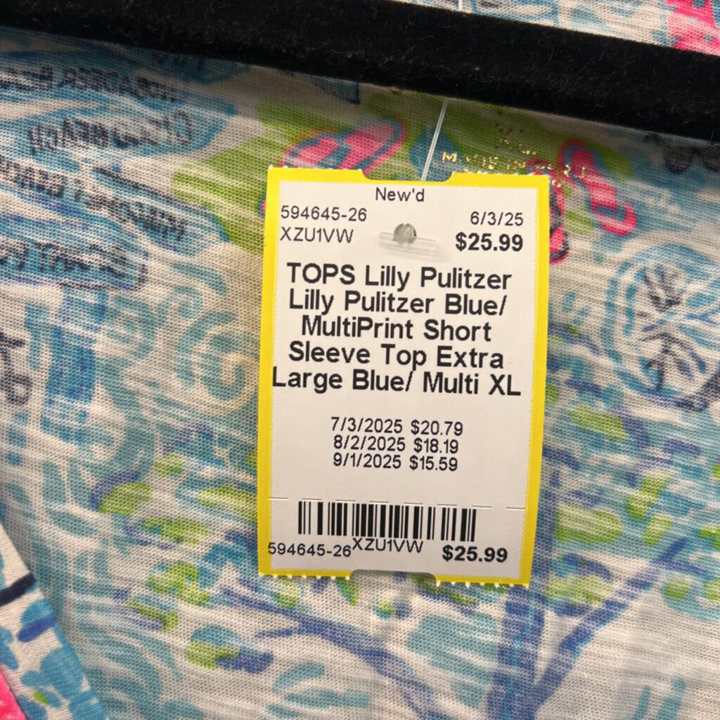 Lilly Pulitzer Blue/ Multi Print Short Sleeve Top Extra Large
