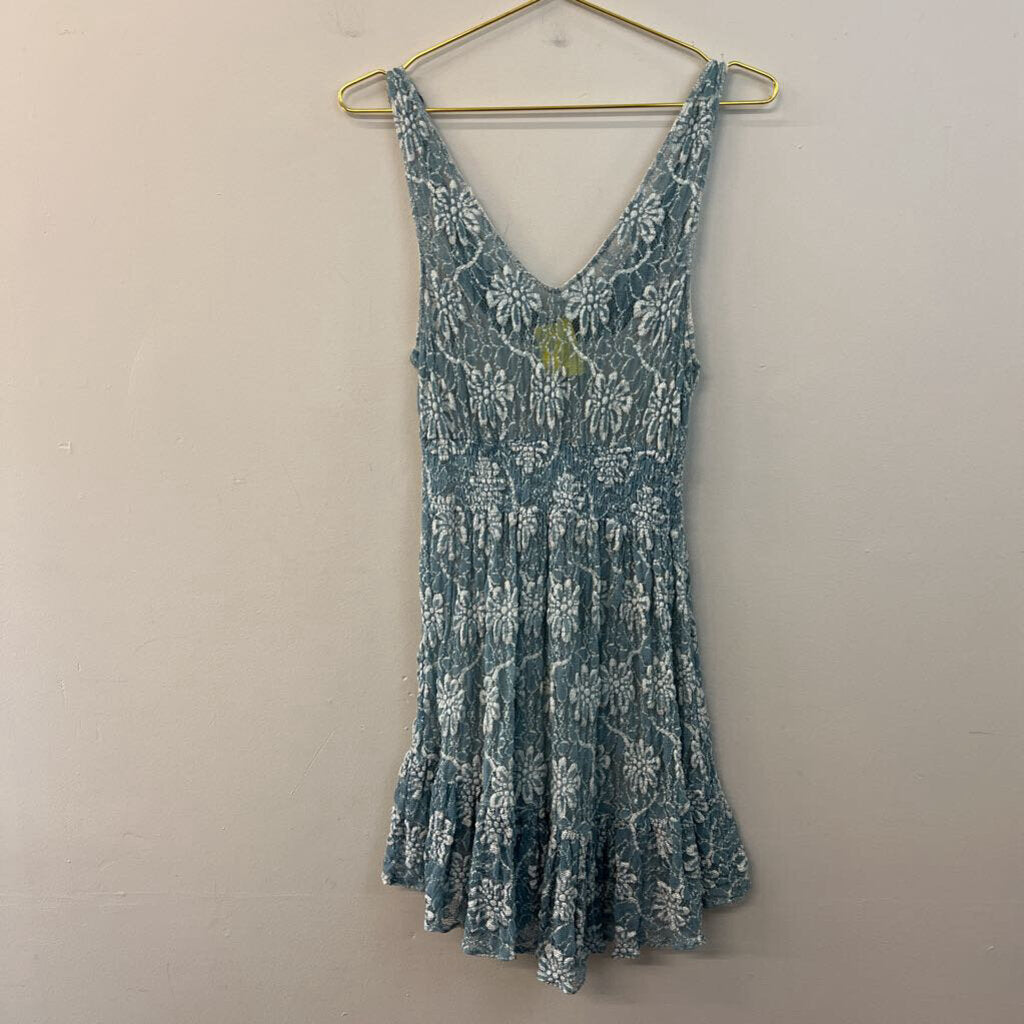 Blue Laced Beaded Neckline Dress Small