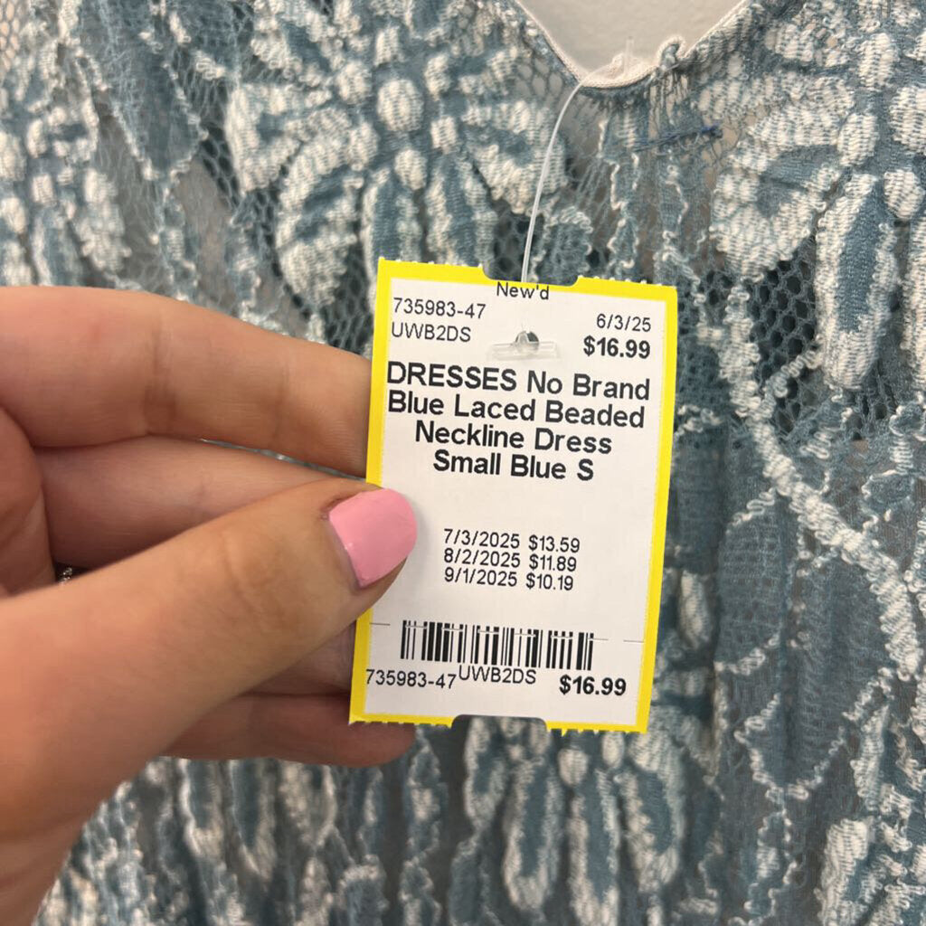 Blue Laced Beaded Neckline Dress Small
