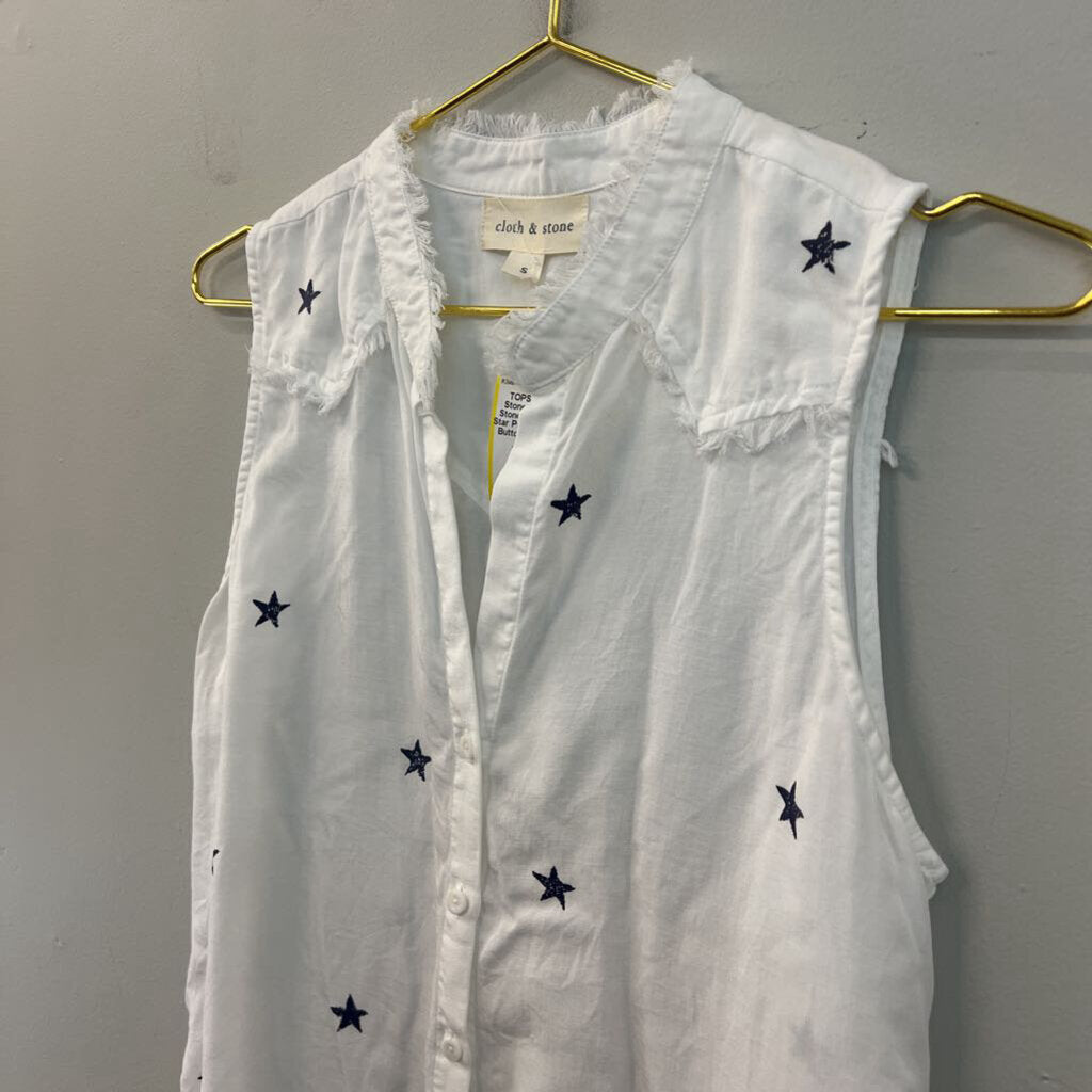 Cloth and Stone White/ Blue Star Print Sleeveless Button Down Top Small Anthropologie