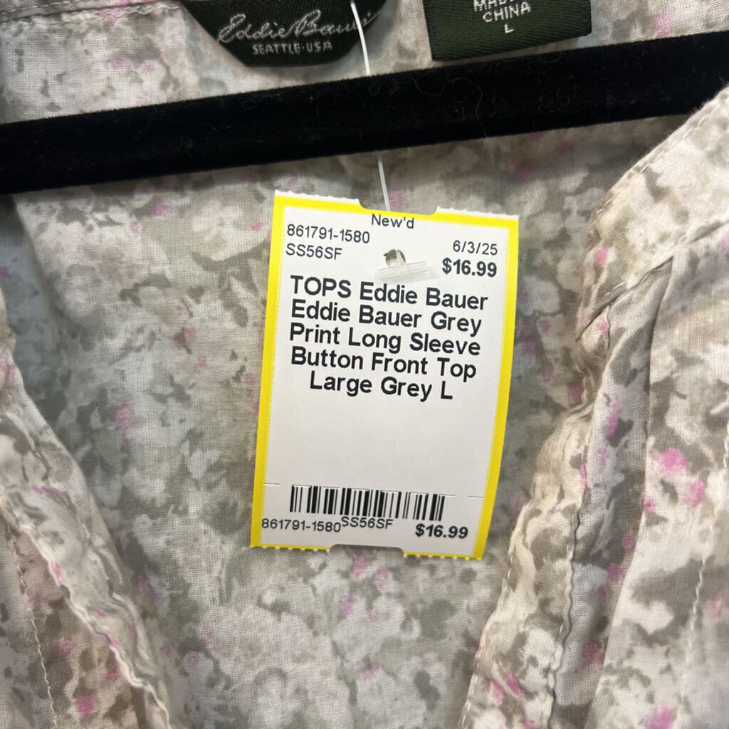 Eddie Bauer Grey Print Long Sleeve Button Front Top Large