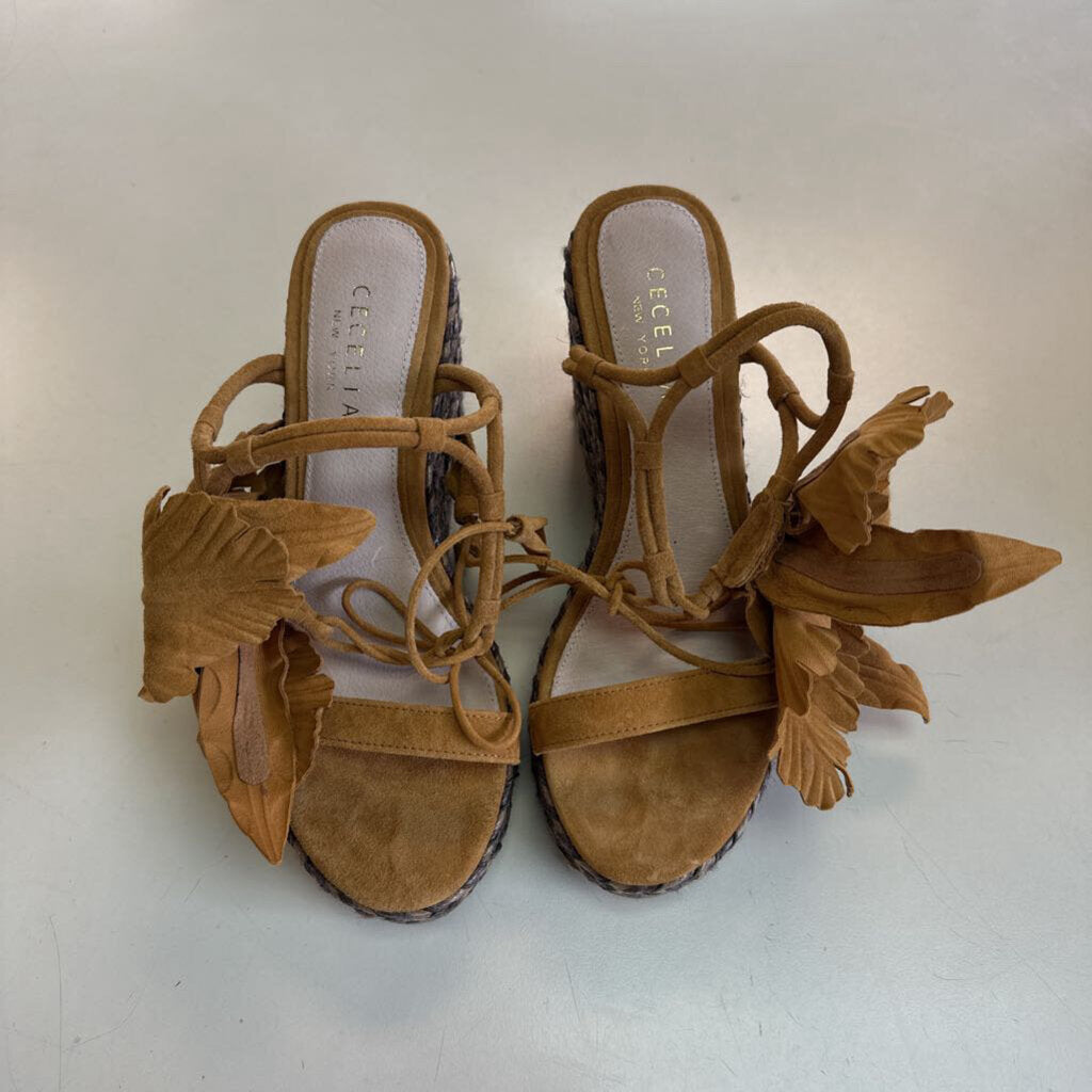 Cecelia New York Brown Espadrille/ Suede Flower Wedge Sandal Heels 6