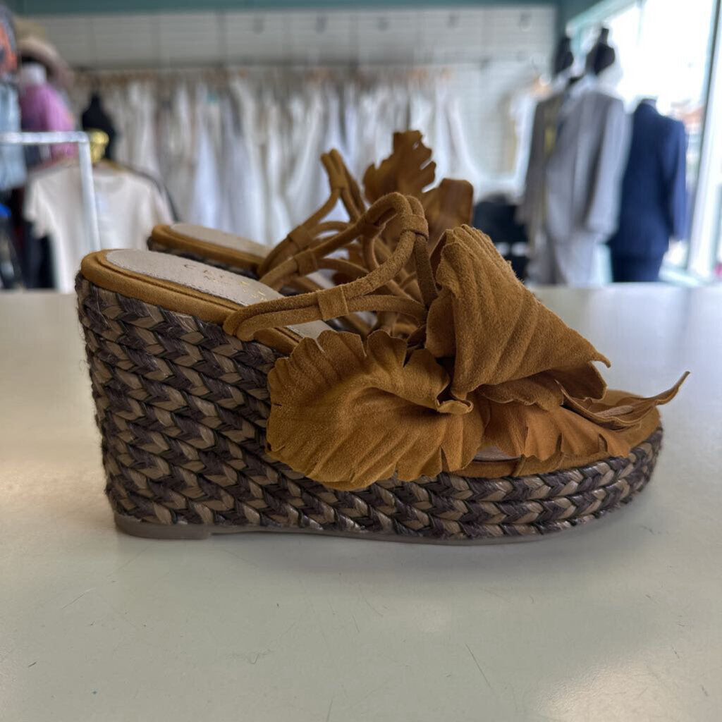 Cecelia New York Brown Espadrille/ Suede Flower Wedge Sandal Heels 6