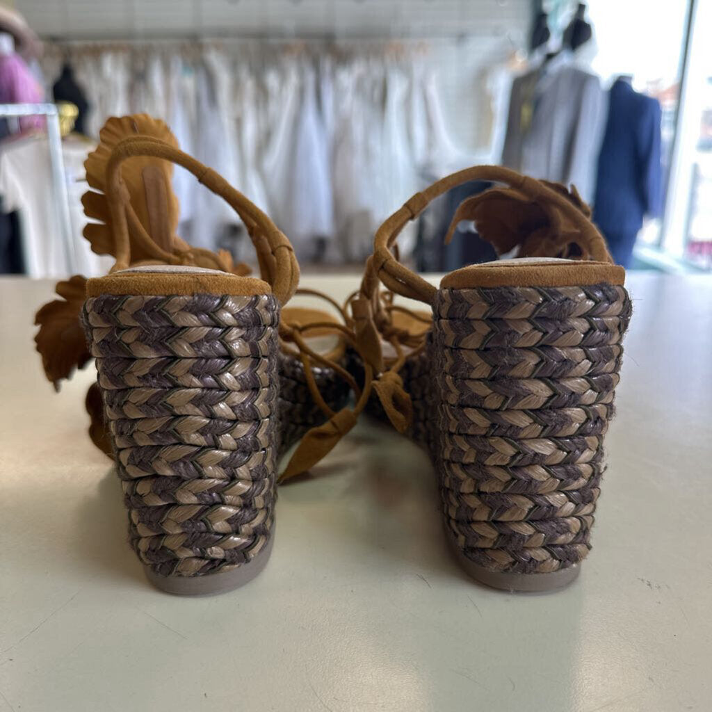 Cecelia New York Brown Espadrille/ Suede Flower Wedge Sandal Heels 6
