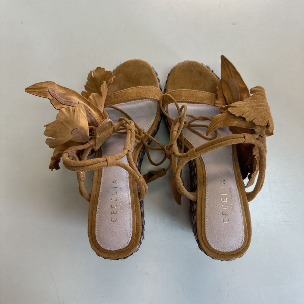 Cecelia New York Brown Espadrille/ Suede Flower Wedge Sandal Heels 6