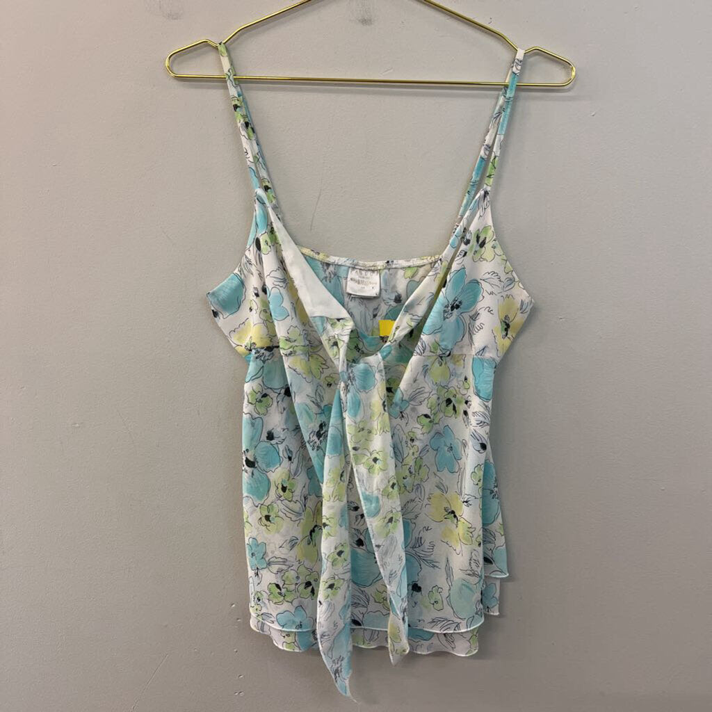B Moss White/ BLue Flower Print Tie Front Tank Top Large