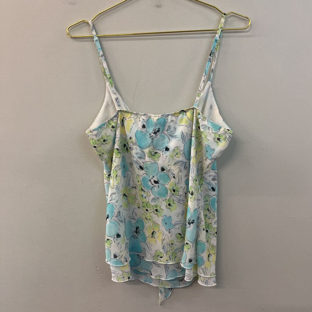 B Moss White/ BLue Flower Print Tie Front Tank Top Large