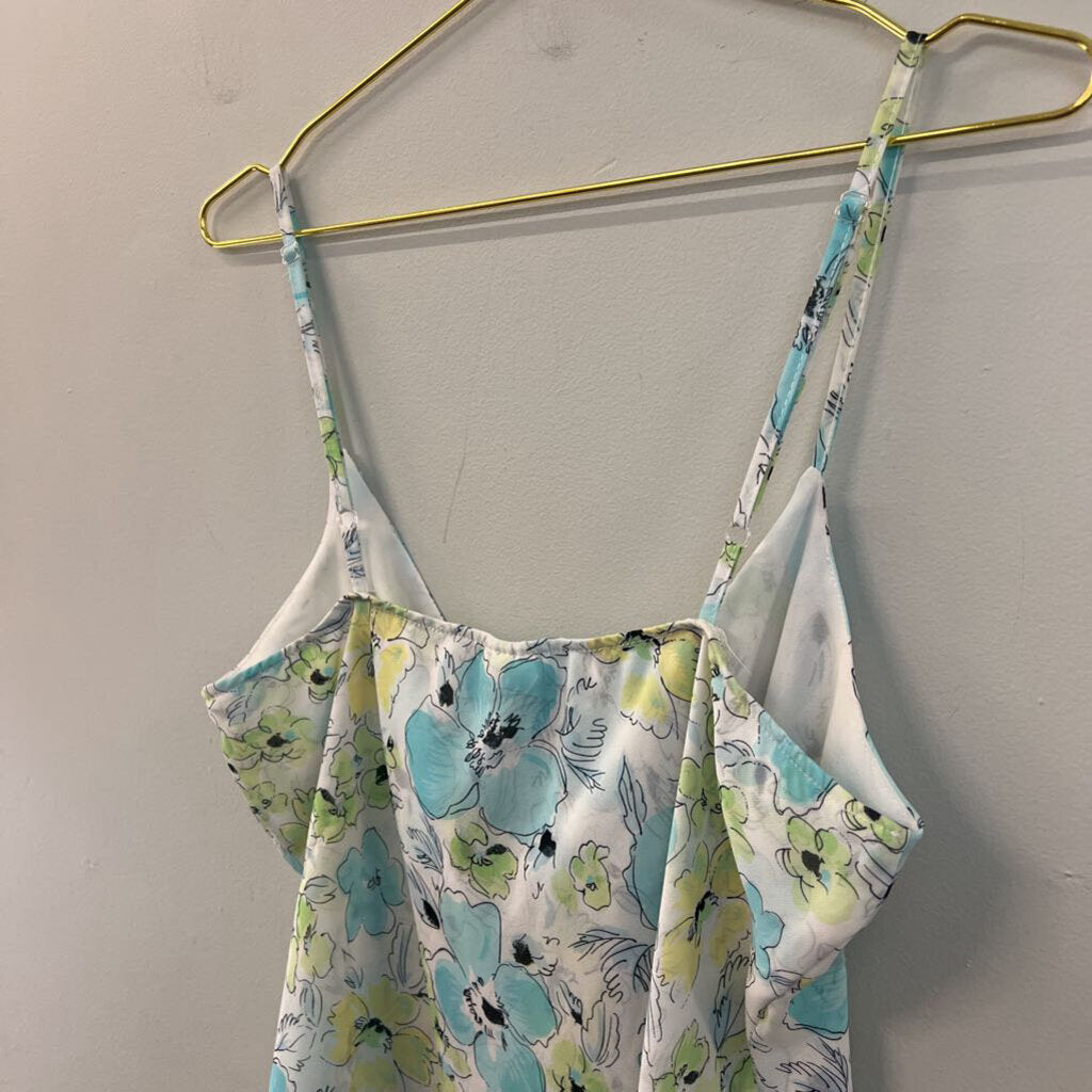 B Moss White/ BLue Flower Print Tie Front Tank Top Large